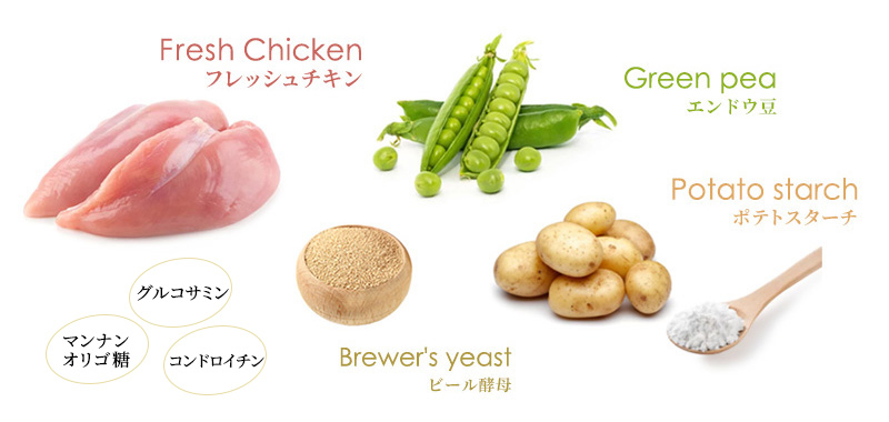 Amarico ドッグフード プレミアムグレード 成犬～シニア犬用 グレインフリー 3kg 原材料イメージ